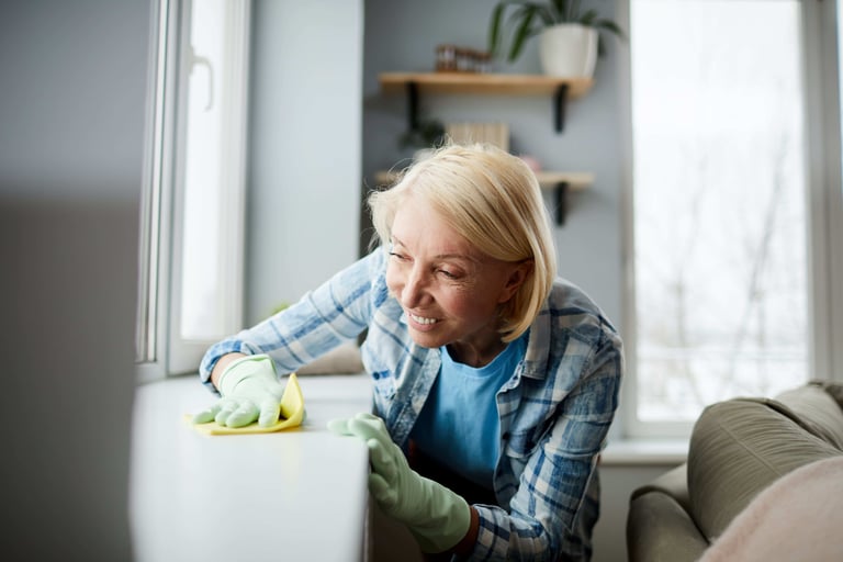 Smiling satisfied older woman with short blonde cleaning